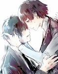  1girl amamiya_ren bangs black_hair black_neckwear brown_hair bruise bruise_on_face couple covered_eyes formal freinoir hair_over_eyes hairband hands_on_another's_head hetero holding_head injury long_sleeves looking_at_another necktie niijima_makoto persona persona_5 red_eyes short_hair shuujin_academy_uniform signature simple_background suit white_background 