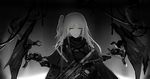  absurdres ar-15 assault_rifle bangs capelet closed_mouth girls_frontline glowing glowing_eyes gun highres holding holding_gun holding_weapon long_hair looking_at_viewer machinery monochrome one_side_up rifle scarf scope sidelocks solo spot_color st_ar-15_(girls_frontline) trigger_discipline upper_body weapon wu_lun_wujin yellow_eyes 
