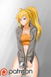  :| ahoge alfred_cullado ass_visible_through_thighs blush bottomless breasts cleavage closed_mouth clothes_pull cowboy_shot drawstring grey_background high_ponytail highres hood hoodie large_breasts long_hair long_ponytail looking_away mechanical_hand midriff navel patreon_logo ponytail purple_eyes rwby solo spoilers tank_top thighs watermark web_address yang_xiao_long zipper zipper_pull_tab 