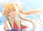  air blonde_hair closed_eyes cloud day hair_ribbon kamio_misuzu long_hair neckerchief outdoors ponytail red_neckwear ribbon school_swimsuit shiime sky smile solo swimsuit upper_body white_ribbon 