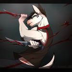  2017 5_fingers angiewolf anthro black_bars blood blue_eyes brown_hair canine clothed clothing dog hair holding_object holding_weapon knife male mammal simple_background solo weapon 