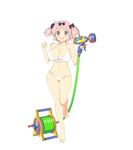  bangs bare_shoulders barefoot bikini blush bow front-tie_bikini front-tie_top full_body hair_bow hair_ornament hibari_(senran_kagura) holding navel official_art open_mouth pink_hair purple_eyes senran_kagura senran_kagura_peach_beach_splash short_hair short_twintails simple_background solo standing swimsuit twintails water_gun white_background white_bikini yaegashi_nan 