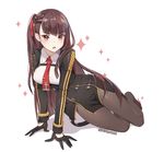  :o absurdres arm_support bangs black_gloves blush braid breasts brown_eyes brown_hair chyo collared_shirt commentary double-breasted eyebrows_visible_through_hair full_body girls_frontline gloves half_gloves highres long_hair looking_at_viewer medium_breasts military military_uniform necktie one_side_up open_mouth pantyhose purple_hair red_neckwear shirt simple_background sitting solo sparkle teeth twitter_username uniform wa2000_(girls_frontline) white_background white_shirt yokozuwari 
