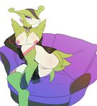  2015 anthro anthrofied avante92 blush bottomless breasts butt clitoris clothed clothing collar eyelashes female hi_res hooves jacket legendary_pok&eacute;mon legwear looking_at_viewer nintendo nipples open_shirt pok&eacute;ball pok&eacute;mon presenting pubes purple_eyes pussy shirt simple_background sitting smile sofa solo video_games virizion white_background 