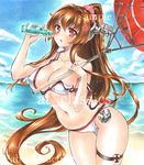  anchor artist_name at_classics bangs bare_arms beach bikini blue_sky blush breasts brown_eyes brown_hair cloud covered_nipples cowboy_shot day eyebrows_visible_through_hair flower hair_between_eyes hair_flower hair_ornament holding kantai_collection large_breasts long_hair looking_at_viewer navel ocean off_shoulder oriental_umbrella outdoors ponytail ramune red_umbrella sample sidelocks skindentation sky solo stomach swimsuit traditional_media umbrella very_long_hair water watermark yamato_(kantai_collection) 