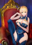  1girl ahoge armpits artoria_pendragon_lancer_(fate/grand_order) blonde_hair blue_legwear blush braid breasts cleavage cleavage_cutout clothing covered_navel crown_braid fate/grand_order fate_(series) female finger_to_mouth green_eyes hair_between_eyes hair_bun hand_on_hip leotard looking_at_viewer milf nipples parted_lips saber short_hair short_hair_with_long_locks sidelocks sitting solo thigh_gap thighhighs thighs tied_hair 