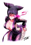 alternate_costume black_hair breasts cleavage commentary_request covered_nipples drill_hair evil_smile glowing glowing_eye han_juri large_breasts leaning_forward looking_down marimo_(yousei_ranbu) pink_eyes pose revealing_clothes smile solo street_fighter street_fighter_iv_(series) twin_drills 