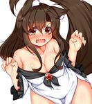  animal_ears bare_shoulders blush breasts brooch brown_hair cleavage commentary_request dress fang highres imaizumi_kagerou jewelry large_breasts long_hair long_sleeves looking_at_viewer open_mouth red_eyes simple_background solo tail tokoya_(ex-hetare) touhou white_background wide_sleeves wolf_ears wolf_tail 