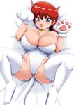  1girl bare_shoulders bed blue_eyes blush braid breasts cat_ears cat_paws cat_tail cleavage covered_navel fake_animal_ears fake_tail genderswap highres huge_breasts legs looking_at_viewer lying mound_of_venus moyashi on_back open_mouth ranma-chan ranma_1/2 red_hair saotome_ranma single_braid smile solo spread_legs strapless sweatdrop thighhighs thighs 