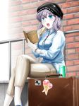  1girl :o alternate_costume black_hat blue_eyes blue_shirt blush bolo_tie book brick_wall casual commentary_request contemporary food grey_hair hat highres holding holding_book holding_food kantai_collection khakis legs_crossed moto_rom_moppara pale_skin railing reading sandwich shinkaisei-kan shirt short_hair sidelocks sitting solo suitcase watch wo-class_aircraft_carrier wristwatch 