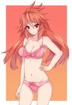  amou_kanade ass_visible_through_thighs bikini blush border bow bow_bra bow_panties bra breasts check_commentary chestnut_mouth commentary commentary_request debutya_aki gradient gradient_background groin hair_between_eyes large_breasts long_hair navel orange_eyes orange_hair panties pink_bra pink_panties senki_zesshou_symphogear solo swimsuit underwear white_border 