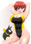  1girl animal armpits arms_behind_head arms_up bare_legs bare_shoulders blue_eyes braid breasts cleavage covered_navel genderswap happy hibiki_ryouga highres large_breasts legs looking_at_viewer makeup mound_of_venus moyashi open_mouth pig ranma-chan ranma_1/2 red_hair saotome_ranma simple_background single_braid smile standing swimsuit thighs water wet 