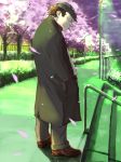  1boy brown_hair cherry_blossoms cigarette closed_mouth coat darker_than_black facial_hair flat_cap frown full_body hands_in_pockets hat highres huang kaazu long_coat male_focus night night_sky open_clothes open_coat outdoors pants petals railing scenery shoes short_hair sky solo stairs standing stubble tree 