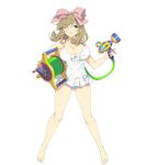  ass_visible_through_thighs bare_shoulders barefoot bow breasts cleavage full_body green_eyes hair_bow haruka_(senran_kagura) holding large_breasts light_brown_hair long_hair looking_at_viewer official_art one-piece_swimsuit one_eye_closed parted_lips senran_kagura senran_kagura_peach_beach_splash smile solo swimsuit water_gun white_swimsuit yaegashi_nan 