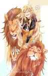  1girl absurdres animal animal_ears bangs blonde_hair closed_mouth cocoka commentary_request dinergate_(girls_frontline) eyebrows_visible_through_hair fang girls_frontline green_eyes hair_between_eyes hairband highres lion lion_ears lion_mane lion_tail long_hair looking_at_viewer messy_hair open_mouth red_eyes s.a.t.8_(girls_frontline) sidelocks smile tail v very_long_hair 