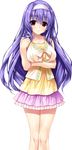  betsuin_sachiho dress hair_twirling hairband haruru_minamo_ni! highres long_hair looking_at_viewer pink_eyes purple_hair shintarou sleeveless smile solo transparent_background 
