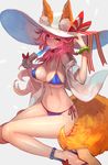  animal_ears bikini blue_bikini breasts cleavage ears_through_headwear fate/extra fate/grand_order fate_(series) food fox_ears fox_tail grey_background hat highres lack large_breasts large_hat licking long_hair navel pink_hair popsicle sandals side-tie_bikini sitting smile solo string_bikini sun_hat sweat swimsuit tail tamamo_(fate)_(all) tamamo_no_mae_(fate) tamamo_no_mae_(swimsuit_lancer)_(fate) tongue tongue_out white_hat yellow_eyes 