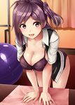  ahoge ball bra breasts brown_eyes cleavage curtains exercise_ball hagikaze_(kantai_collection) highres indoors jewelry kamelie kantai_collection large_breasts leaning_forward long_hair one_side_up panties purple_bra purple_hair purple_panties ring smile solo sweat underwear wedding_band 