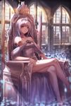  bags_under_eyes bare_shoulders blush breasts cleavage collarbone crossed_legs eyebrows_visible_through_hair highres large_breasts long_hair looking_at_viewer original purple_eyes silver_hair sitting solo throne tiara yohaku 