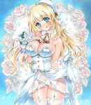  aqua_eyes artist_name at_classics atago_(kantai_collection) bangs bare_shoulders beret blonde_hair blush bouquet breasts cleavage cowboy_shot detached_collar dress eyebrows_visible_through_hair flower fur_collar garter_straps gloves hat holding holding_bouquet kantai_collection large_breasts long_hair looking_at_viewer open_mouth panties sample see-through sidelocks smile solo thighhighs traditional_media underwear watermark wedding_dress white_gloves white_hat white_legwear white_panties 