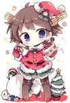  ahoge bad_id bad_pixiv_id bell belt blue_eyes blush boots bow box brown_hair cake chibi christmas christmas_tree failure_penguin food full_body fur_trim gift gift_box gloves hat headgear hiei_(kantai_collection) holding kantai_collection kyou_(nekoneko) looking_at_viewer miss_cloud plaid plaid_skirt red_gloves sack santa_costume santa_hat short_hair skirt smile solo standing star thigh_boots thighhighs 