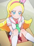  blonde_hair blue_eyes box cardboard_box green_neckwear hairband in_box in_container kirahoshi_ciel kirakira_precure_a_la_mode long_hair necktie pink_hairband precure red_skirt sailor_collar school_uniform serafuku shirt sitting skirt solo tj-type1 wavy_mouth white_sailor_collar white_shirt 