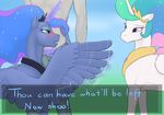  2017 arareroll blush bulge clothed clothing english_text equine faceless_male feral friendship_is_magic group hair half-closed_eyes horn male mammal multicolored_hair my_little_pony penis_outline princess_celestia_(mlp) princess_luna_(mlp) text winged_unicorn wings 