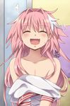  alternate_hairstyle astolfo_(fate) closed_eyes fang fate/apocrypha fate/grand_order fate_(series) highres long_hair male_focus maroonabyss multicolored_hair open_mouth otoko_no_ko pink_hair school_uniform serafuku smile solo streaked_hair undressing upper_body 