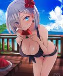  alternate_costume blue_eyes blue_sky breasts cloud commentary_request day eyes_visible_through_hair flower food fruit hair_ornament hair_over_one_eye hairclip hamakaze_(kantai_collection) hibiscus highres kantai_collection large_breasts leaning_forward looking_at_viewer short_hair silver_hair sky solo summer swimsuit twitter_username watermelon yukiguni_yuu 