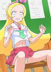  blonde_hair chair clenched_teeth hairband haruyama_kazunori kirahoshi_ciel kirakira_precure_a_la_mode long_hair midriff multicolored multicolored_clothes multicolored_panties navel panties pantyshot pantyshot_(sitting) pink_hairband precure red_skirt scared sitting skirt solo teeth underwear wavy_mouth white_eyes 