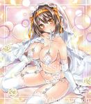  artist_name at_classics bangs bare_shoulders blush bra breasts bridal_veil brown_eyes brown_hair cleavage closed_mouth elbow_gloves eyebrows_visible_through_hair flower garter_belt gloves hair_between_eyes hairband hand_on_own_chest high_heels large_breasts lingerie looking_at_viewer mouth_hold navel neck_ribbon orange_hairband panties ribbon sample short_hair sitting smile solo stomach suzumiya_haruhi suzumiya_haruhi_no_yuuutsu thighhighs traditional_media underwear underwear_only veil wariza watermark white_bra white_flower white_gloves white_legwear white_panties white_ribbon 