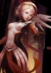  absurdres arm_at_side black_gloves blonde_hair blue_eyes bodysuit breastplate breasts brown_legwear cowboy_shot eyelashes faulds gloves hand_up headgear highres hua_manhua_de_zhong_shu loincloth long_sleeves looking_at_viewer mechanical_halo mechanical_wings medium_breasts mercy_(overwatch) nose overwatch pantyhose parted_lips pelvic_curtain petals pink_lips ponytail short_hair short_ponytail skin_tight solo spread_fingers spread_wings swiss_flag teeth upper_teeth wings 