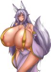  1girl absurdres ancoma animal_ears areola_slip areolae bare_shoulders bikini_top blush breasts curvy dark_skin female fox_ears fox_tail gigantic_breasts loincloth long_hair looking_at_viewer mound_of_venus original purple_eyes purple_hair simple_background solo standing tail tan thighs very_long_hair white_background wide_hips 