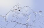  2014 abs anthro arm_support bed bedding biceps big_muscles blanket blue_theme blush canine chest_tuft claws clothed clothing dog elbow_tufts fur inner_ear_fluff inviting leaning_on_elbow looking_at_viewer male mammal muscular muscular_male one_eye_closed otake pecs restricted_palette solo takemoto_arashi topless tuft wink 