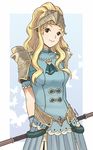  blonde_hair clair_(fire_emblem) curly_hair fire_emblem fire_emblem_echoes:_mou_hitori_no_eiyuuou fire_emblem_gaiden holding holding_weapon long_hair polearm simple_background smile spear weapon yayster 