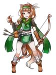  animal_ears ankle_wrap arrow boots bow_(weapon) braid brown_eyes brown_hair commentary_request feathers full_body gloves green_scarf hair_feathers hairband highres holo legs_apart long_hair looking_at_viewer mayumura_basako midriff mismatched_gloves quiver scarf simple_background single_braid solo spice_and_wolf tail weapon white_background wolf_ears wolf_girl wolf_tail 