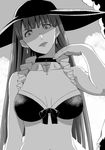  bangs bikini breasts choker cleavage commentary_request cross earrings fate/grand_order fate_(series) greyscale hat ishii_hisao jewelry large_breasts long_hair looking_at_viewer monochrome navel saint_martha saint_martha_(swimsuit_ruler)_(fate) solo swimsuit wide-eyed 