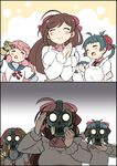  3girls ahoge akashi_(kantai_collection) blush bow breasts brown_hair closed_eyes comic gas_mask gloves green_hair hair_bow hair_ornament hair_ribbon hairclip irako_(kantai_collection) kantai_collection kappougi kyoushirou_2030 leather leather_gloves long_hair long_sleeves mamiya_(kantai_collection) mask military military_uniform multiple_girls naval_uniform necktie open_mouth pink_hair ponytail ribbon school_uniform serafuku shiyoo smile tress_ribbon uniform 