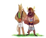 bison blonde_hair bovine brown_hair buffalo cactus clothed clothing cseed duo equine facial_piercing hair horn horse male mammal muscular muscular_male nose_piercing nose_ring piercing shorts smile suspenders topless 