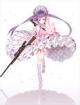  asymmetrical_legwear blue_eyes bolt_action bonnet bow bowtie closed_mouth commentary finger_on_trigger gloves gun hair_bow hakusai_(tiahszld) highres holding holding_gun holding_weapon lolita_fashion long_hair mary_janes original purple_hair reflection rifle scope shoes simple_background single_thighhigh sniper_rifle solo standing striped striped_legwear stuffed_animal stuffed_toy sweet_lolita teddy_bear thighhighs twintails weapon weapon_on_back white_background white_legwear 