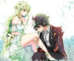  1girl bare_legs black_hair bride closed_eyes closed_mouth collarbone couple dress elsword flower formal grand_archer_(elsword) green_eyes green_hair hair_flower hair_ornament hamericano hetero high_heels highres jewelry kneeling leg_garter lily_(flower) long_hair mechanical_arm messy_hair mouth_hold multicolored_hair necklace raven_(elsword) reckless_fist_(elsword) rena_(elsword) shoes sitting smile suit two-tone_hair white_dress white_footwear white_hair 