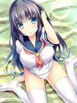  black_hair blue_eyes blush breasts eyebrows_visible_through_hair highres large_breasts liya long_hair looking_at_viewer neckerchief original parted_lips red_neckwear sailor school_swimsuit sitting solo swimsuit thighhighs wariza wet white_legwear white_school_swimsuit white_swimsuit 