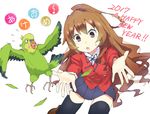  2017 aisaka_taiga akeome bird black_legwear blazer brown_eyes brown_hair gedou_(ge_ge_gedou) grey_skirt happy_new_year inko jacket long_hair new_year oohashi_high_school_uniform parrot pleated_skirt running school_uniform simple_background skirt thighhighs toradora! white_background 