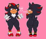  2018 acstlu angry anthro black_nose blush butt chest_tuft clothing dialogue english_text eulipotyphlan footwear girly gloves hedgehog hi_res male mammal navel pink_background red_eyes shadow_the_hedgehog simple_background solo sonic_(series) text tuft 