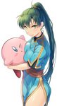  asymmetrical_docking blush breast_press breasts company_connection dress earrings fire_emblem fire_emblem:_rekka_no_ken green_eyes green_hair high_ponytail highres jewelry kirby kirby_(series) long_hair looking_at_viewer lyndis_(fire_emblem) medium_breasts one_eye_closed oomoto_makiko ponytail seiyuu_connection shinon_(tokage_shuryou) simple_background smile super_smash_bros. thighs very_long_hair white_background 