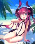  armadillon asymmetrical_horns bangs bare_shoulders beach black_ribbon blue_eyes day elizabeth_bathory_(fate) elizabeth_bathory_(fate)_(all) fang fate/extra fate/extra_ccc fate_(series) flat_chest hair_ribbon heart highres horns long_hair looking_at_viewer ocean one_eye_closed outdoors pointy_ears purple_hair ribbon sand sitting smile solo summer tail very_long_hair water yokozuwari 