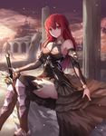  black_legwear blush breasts closed_mouth eyebrows_visible_through_hair highres holding holding_sword holding_weapon large_breasts long_hair looking_at_viewer original red_eyes red_hair ruins sitting smile solo sword thighhighs weapon yohaku 