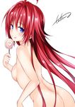 :p ahoge ass back bangs blue_eyes blush breasts candy eyebrows_visible_through_hair food from_behind hair_between_eyes hand_up highres kurosaki_mea lollipop long_hair looking_at_viewer looking_back nude red_hair signature simple_background small_breasts smile solo swirl_lollipop tatsuno_(saya-tatsuno) to_love-ru to_love-ru_darkness tongue tongue_out very_long_hair white_background 
