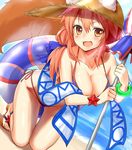  animal_ears bikini blue_bikini blush bracelet breasts cleavage collarbone commentary_request day ears_through_headwear fate/grand_order fate_(series) fox_ears fox_tail hat highres innertube jewelry large_breasts long_hair looking_at_viewer ocean open_mouth outdoors parasol pink_hair sandals shiron_(e1na1e2lu2ne3ru3) solo swimsuit tail tamamo_(fate)_(all) tamamo_no_mae_(fate) tamamo_no_mae_(swimsuit_lancer)_(fate) umbrella yellow_eyes 