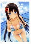  :p absurdres bikini black_hair blue_bikini blue_eyes blue_sky breasts cloud cloudy_sky collarbone day dutch_angle flower front-tie_bikini front-tie_top hair_flower hair_ornament highres hisasi horizon large_breasts leaning_forward long_hair looking_at_viewer outdoors scan self_fondle sky smile solo swimsuit tongue tongue_out toranoana wading wet 